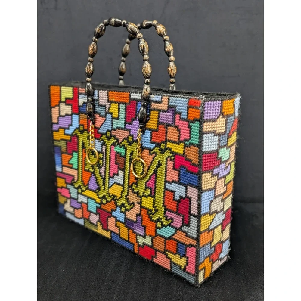 VTG Handmade Plastic Canvas Bead Handle Purse Tote Roses Geometric Shapes NM